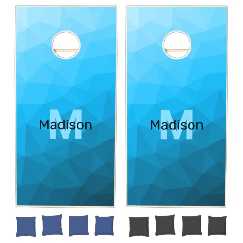 Blue cyan gradient geometric mesh pattern Monogram Cornhole Set