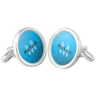 Blue cyan gradient geometric mesh pattern Monogram Cufflinks