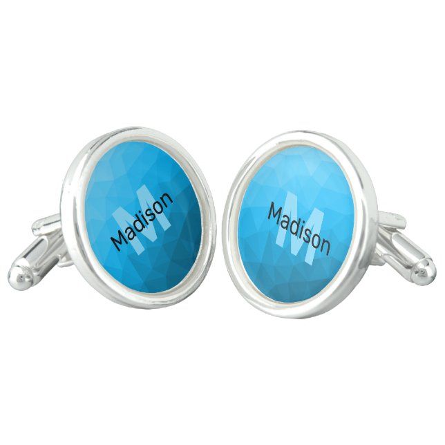 Blue cyan gradient geometric mesh pattern Monogram Cufflinks (Angled)