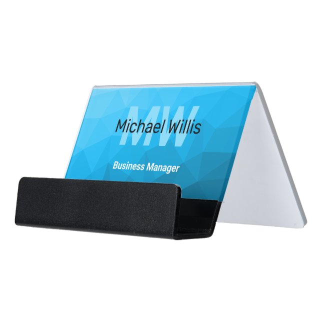 Blue cyan gradient geometric mesh pattern Monogram Desk Business Card Holder (Angled Front)