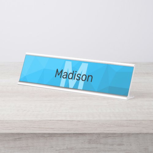 Blue cyan gradient geometric mesh pattern Monogram Desk Name Plate