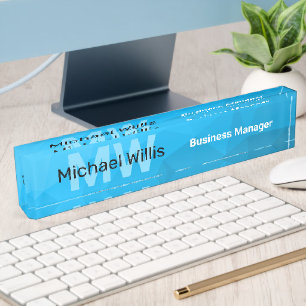 Blue cyan gradient geometric mesh pattern Monogram Desk Name Plate