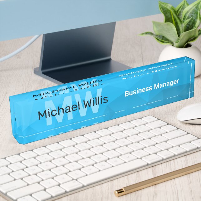 Blue cyan gradient geometric mesh pattern Monogram Desk Name Plate