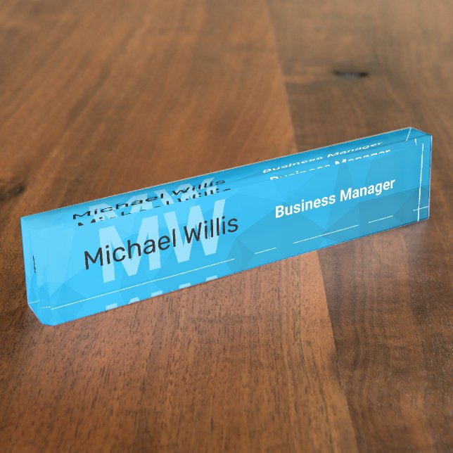 Blue cyan gradient geometric mesh pattern Monogram Desk Name Plate (Side)