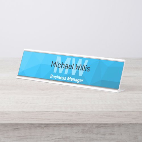 Blue cyan gradient geometric mesh pattern Monogram Desk Name Plate