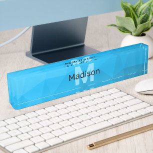 Blue cyan gradient geometric mesh pattern Monogram Desk Name Plate