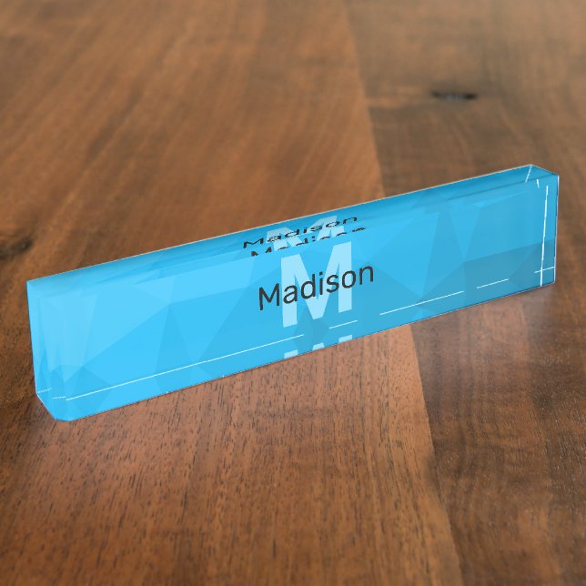 Blue cyan gradient geometric mesh pattern Monogram Desk Name Plate (Side)