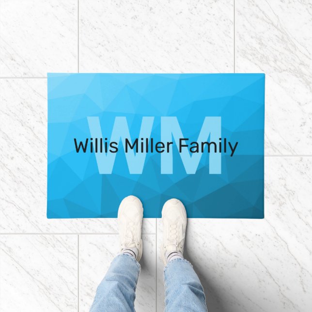 Blue cyan gradient geometric mesh pattern Monogram Doormat (Indoor)