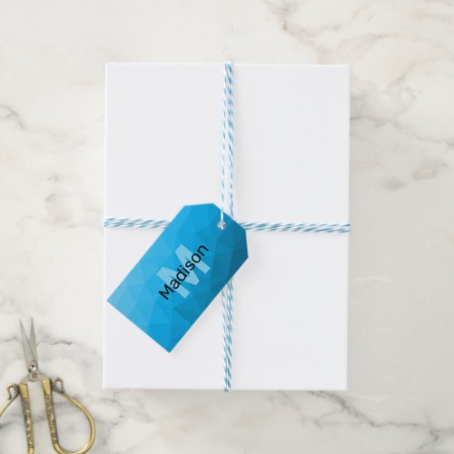 Blue cyan gradient geometric mesh pattern Monogram Gift Tags