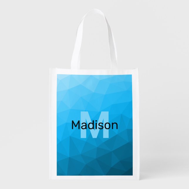 Blue cyan gradient geometric mesh pattern Monogram Grocery Bag (Front)