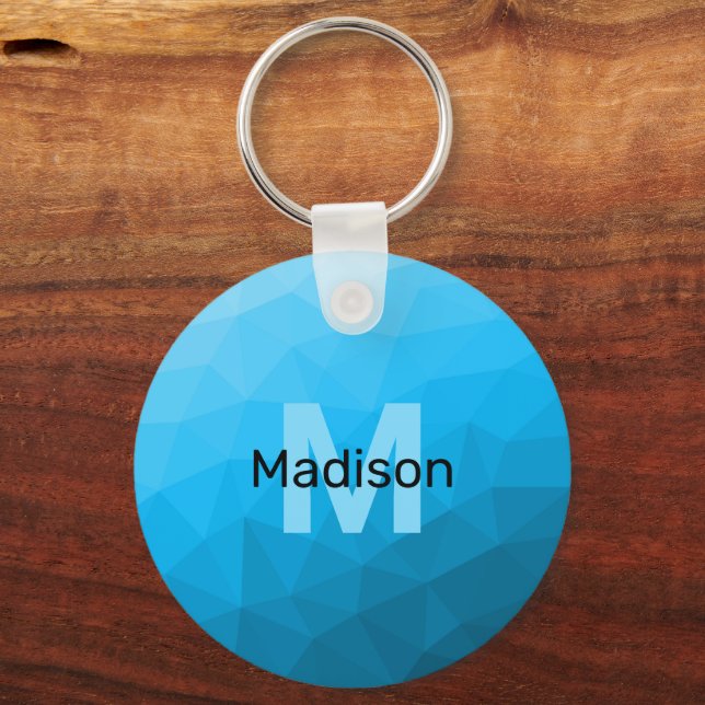 Blue cyan gradient geometric mesh pattern Monogram Keychain (Front)