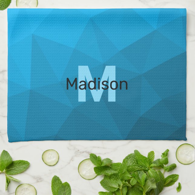 Blue cyan gradient geometric mesh pattern Monogram Kitchen Towel