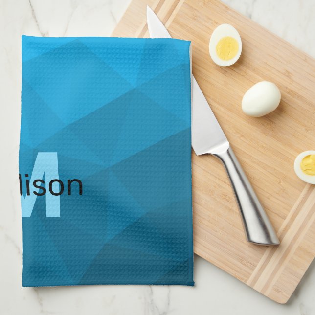 Blue cyan gradient geometric mesh pattern Monogram Kitchen Towel