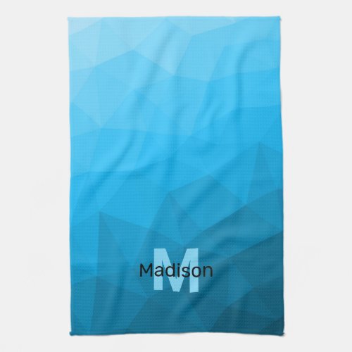 Blue cyan gradient geometric mesh pattern Monogram Kitchen Towel