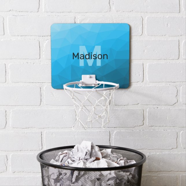 Blue cyan gradient geometric mesh pattern Monogram Mini Basketball Hoop (In Situ)
