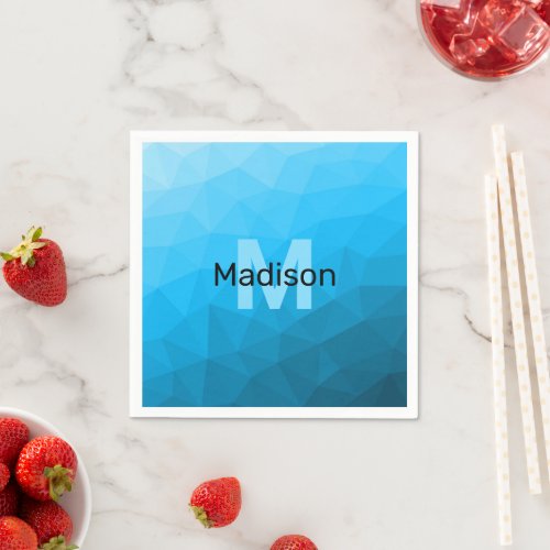 Blue cyan gradient geometric mesh pattern Monogram Napkins