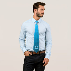 Blue cyan gradient geometric mesh pattern Monogram Neck Tie