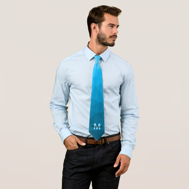 Blue cyan gradient geometric mesh pattern Monogram Neck Tie (In Situ)