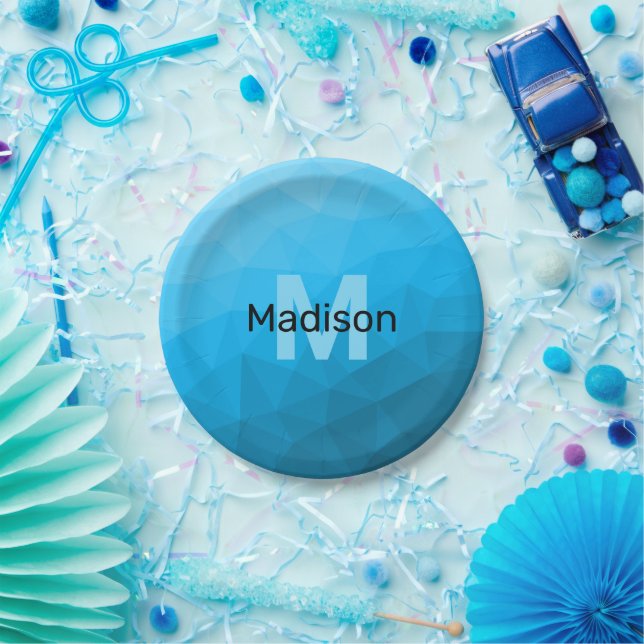 Blue cyan gradient geometric mesh pattern Monogram Paper Plates (Party)