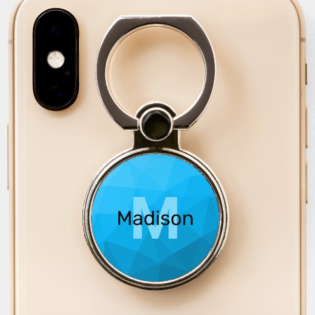 Blue cyan gradient geometric mesh pattern Monogram Phone Ring Stand (Close Up)