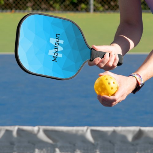 Blue cyan gradient geometric mesh pattern Monogram Pickleball Paddle