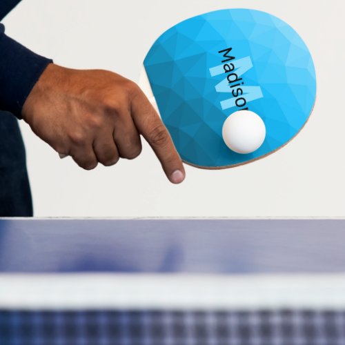 Blue cyan gradient geometric mesh pattern Monogram Ping Pong Paddle