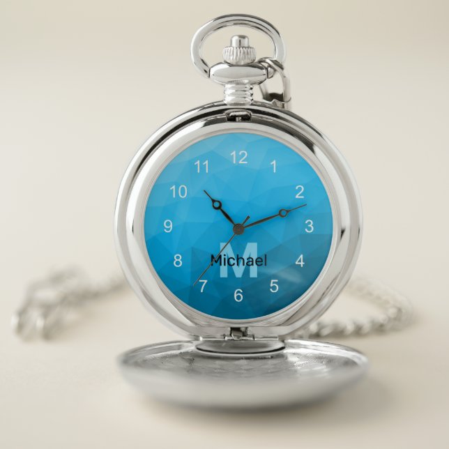 Blue cyan gradient geometric mesh pattern Monogram Pocket Watch (Inside)