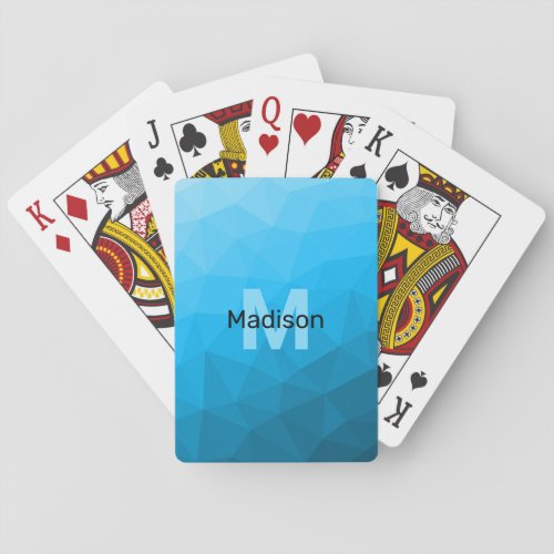 Blue cyan gradient geometric mesh pattern Monogram Poker Cards