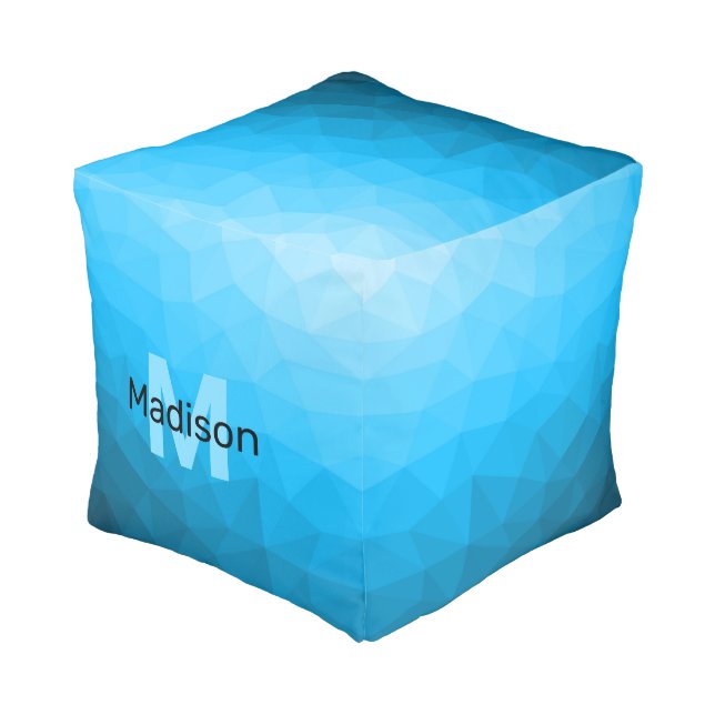 Blue cyan gradient geometric mesh pattern Monogram Pouf (Angled Front)