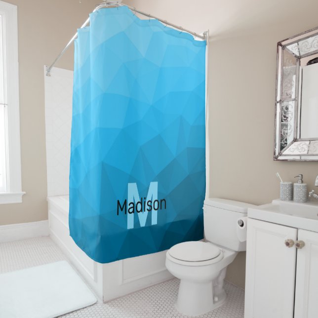 Blue cyan gradient geometric mesh pattern Monogram Shower Curtain (In Situ)