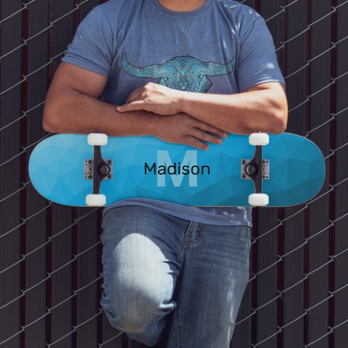 Blue cyan gradient geometric mesh pattern Monogram Skateboard