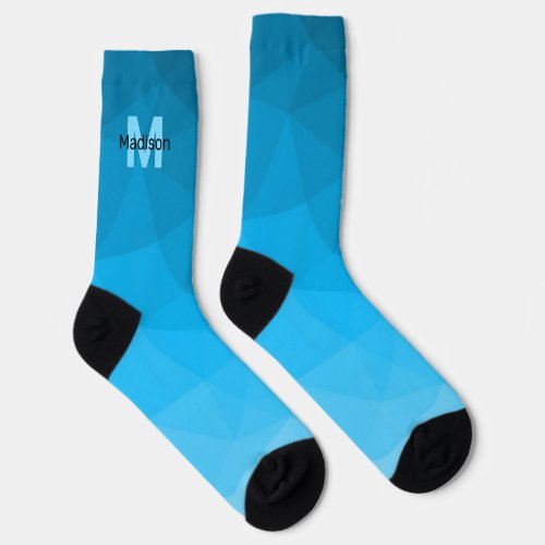 Blue cyan gradient geometric mesh pattern Monogram Socks