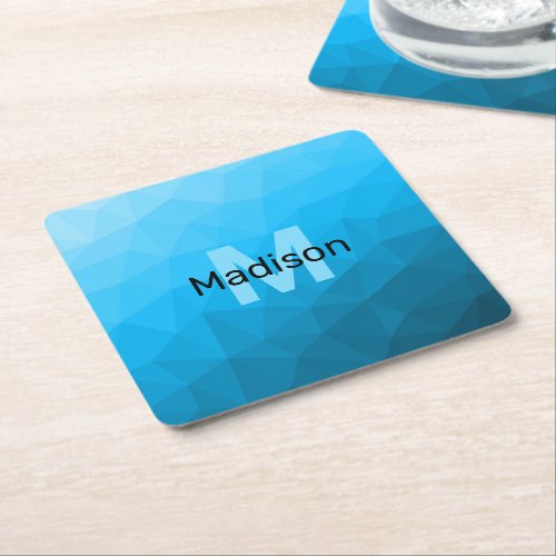 Blue cyan gradient geometric mesh pattern Monogram Square Paper Coaster