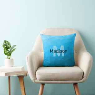 Blue cyan gradient geometric mesh pattern Monogram Throw Pillow