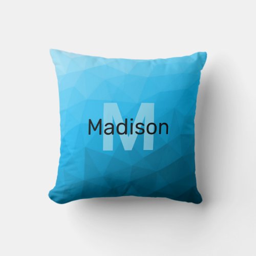 Blue cyan gradient geometric mesh pattern Monogram Throw Pillow