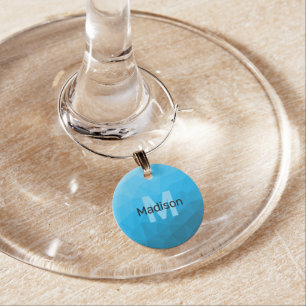 Blue cyan gradient geometric mesh pattern Monogram Wine Charm