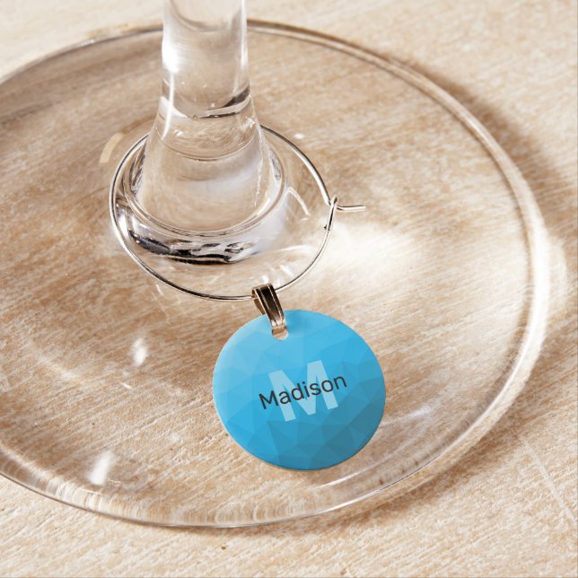 Blue cyan gradient geometric mesh pattern Monogram Wine Charm (In Situ)