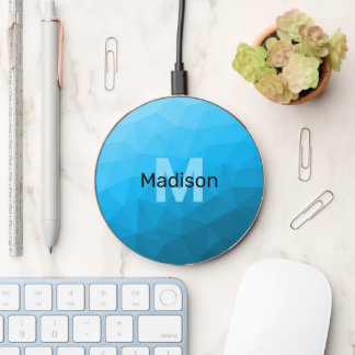 Blue cyan gradient geometric mesh pattern Monogram Wireless Charger