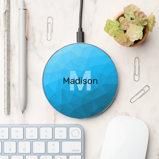Blue cyan gradient geometric mesh pattern Monogram Wireless Charger (Desk)