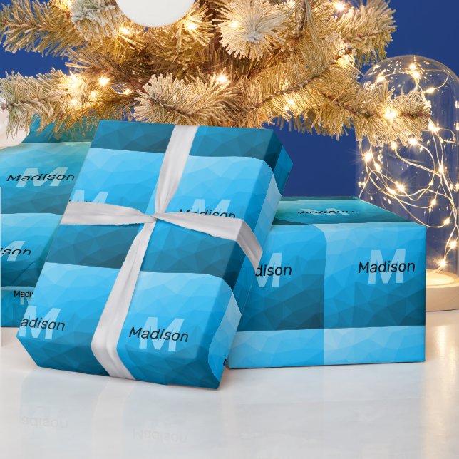 Blue cyan gradient geometric mesh pattern Monogram Wrapping Paper (Holidays)