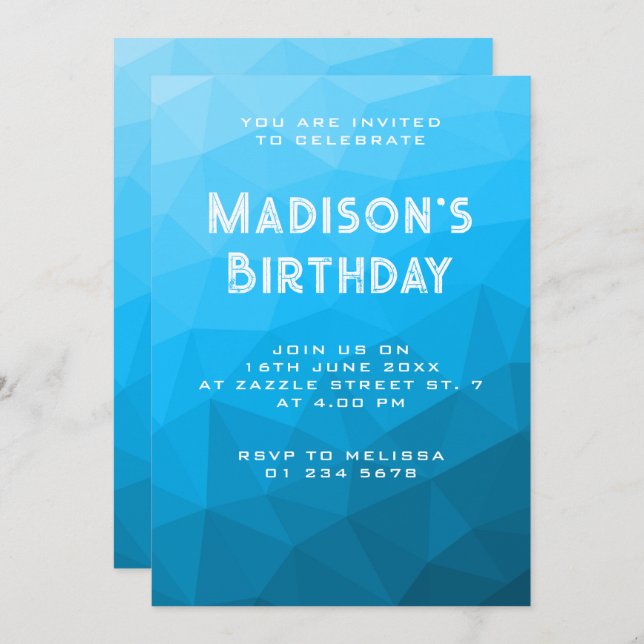 Blue cyan gradient geometric mesh Triangle party Invitation (Front/Back)