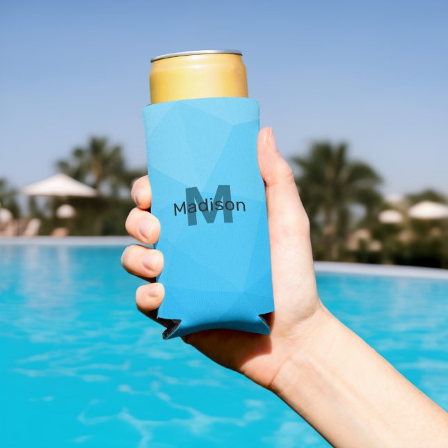 Blue cyan ombre geometric mesh pattern Monogram Seltzer Can Cooler (In Situ Pool)