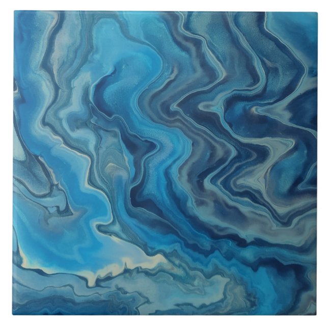 Blue Cyan White Marble Acrylic Abstraction Ceramic Tile (Front)