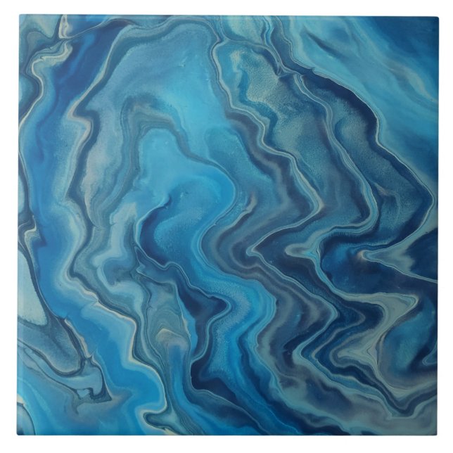 Blue Cyan White Marble Acrylic Abstraction  Ceramic Tile (Front)
