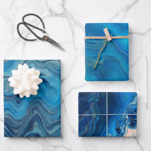 Blue Cyan White Marble Acrylic Abstraction  Wrapping Paper Sheets