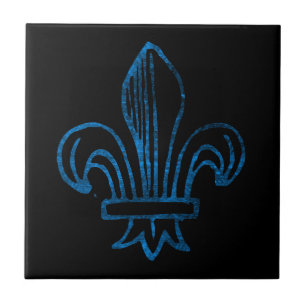 Blue / Cyan Worn Fleur de Lis Ceramic Tile