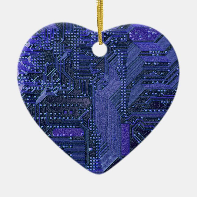 Blue Cyber Circuit Board Tech Art Electronics Ceramic Ornament (Front)
