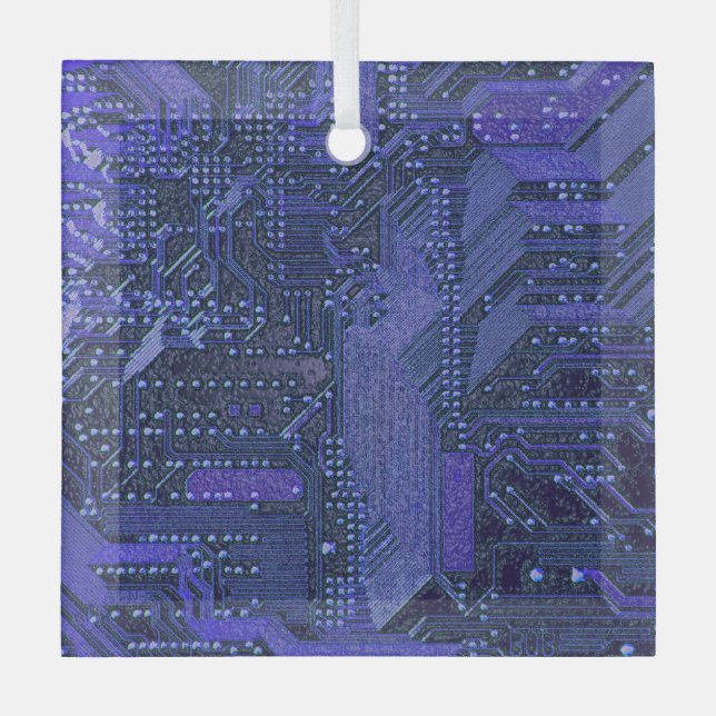 Blue Cyber Circuit Board Tech Art Electronics Glass Ornament (Front)