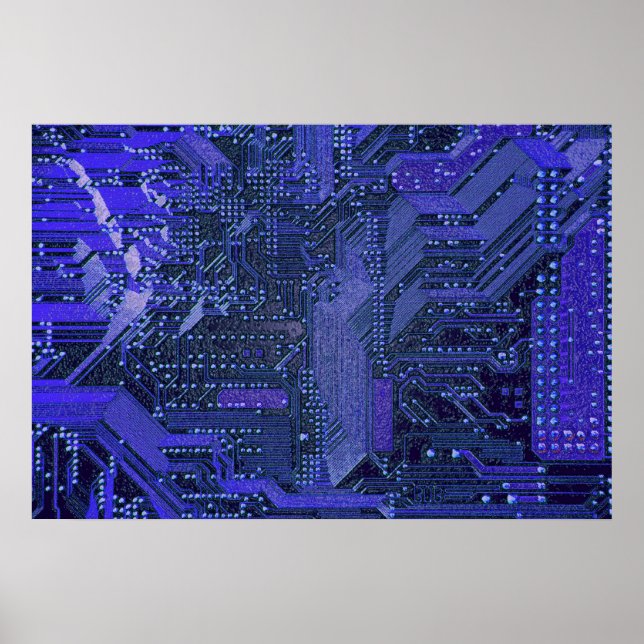 Blue Cyber Circuit Board Tech Art Electronics Poster (Front)