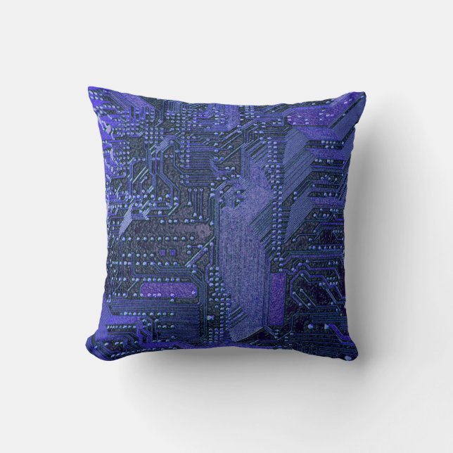 Blue Cyber Circuit Board Tech Art Electronics Throw Pillow (Front)